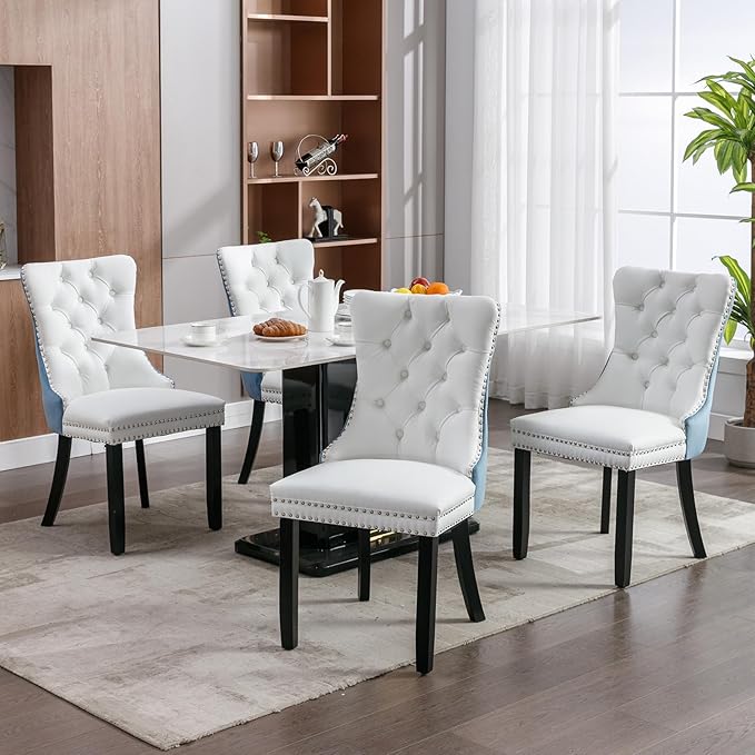 Modern Dining Chairs Set of 4, Tufted Upholstered Dining Chair with Solid Wood Legs, Velvet and Leather Dining Chairs, Sillas de Comedor, Comfy Kitchen Chair (White+Light Blue, 4Pcs)