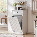 Tilt Out Laundry Hamper Cabinet, 10 Gallon Farmhouse Trash Can Cabinet with Drawer, Hidden Wood Garbage Can Bin Cabinet with Laundry Storage Basket for Bathroom, Kitchen, Antique White