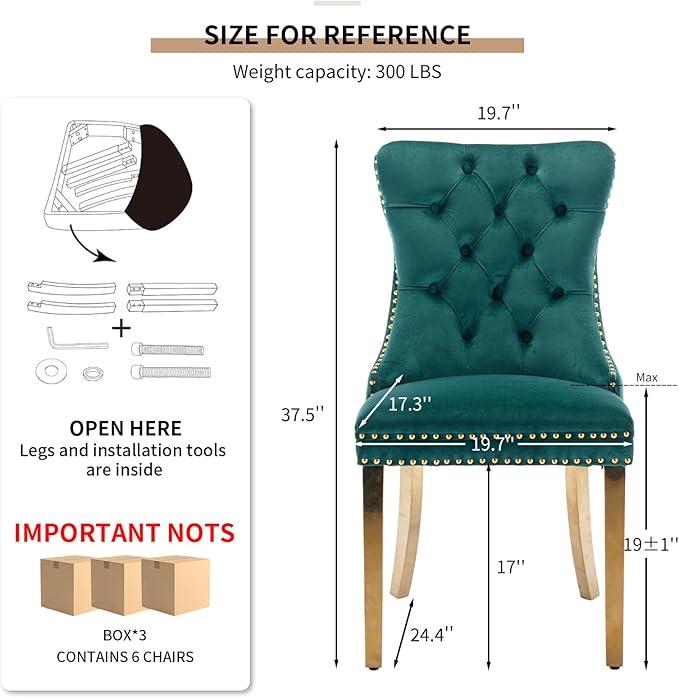 Mid Century Modern Dining Chairs Set of 6, Green Velvet Upholstered Tufted Back, Kitchen & Dining Room Chairs, Gold Metal Legs, Nailhead Trim, Sillas para Comedor (Green, 6 Pcs)