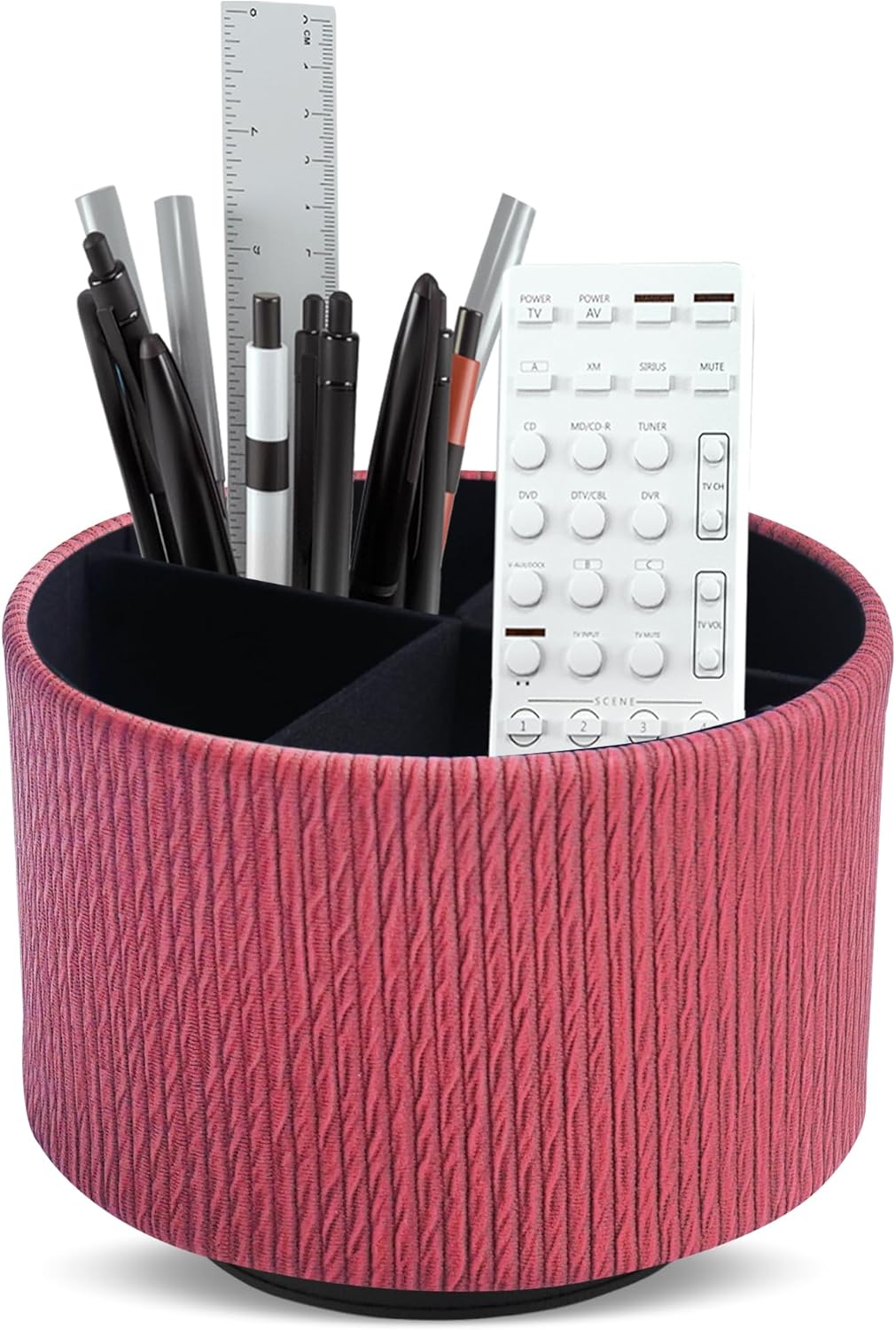 Round Leather Art Supply Organizer,Remote Control Holder,360 Degree Spinning,Multi-Functional Pencil Holder,4 Compartments Desktop Stationary Organizer(1-Wood Red)