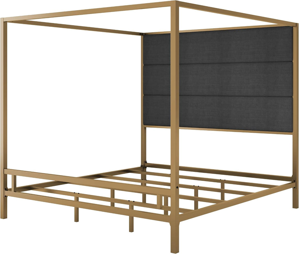 King Size Modern Gold Canopy Bed with Tall Headboard(Dark Gray+Gold, King)