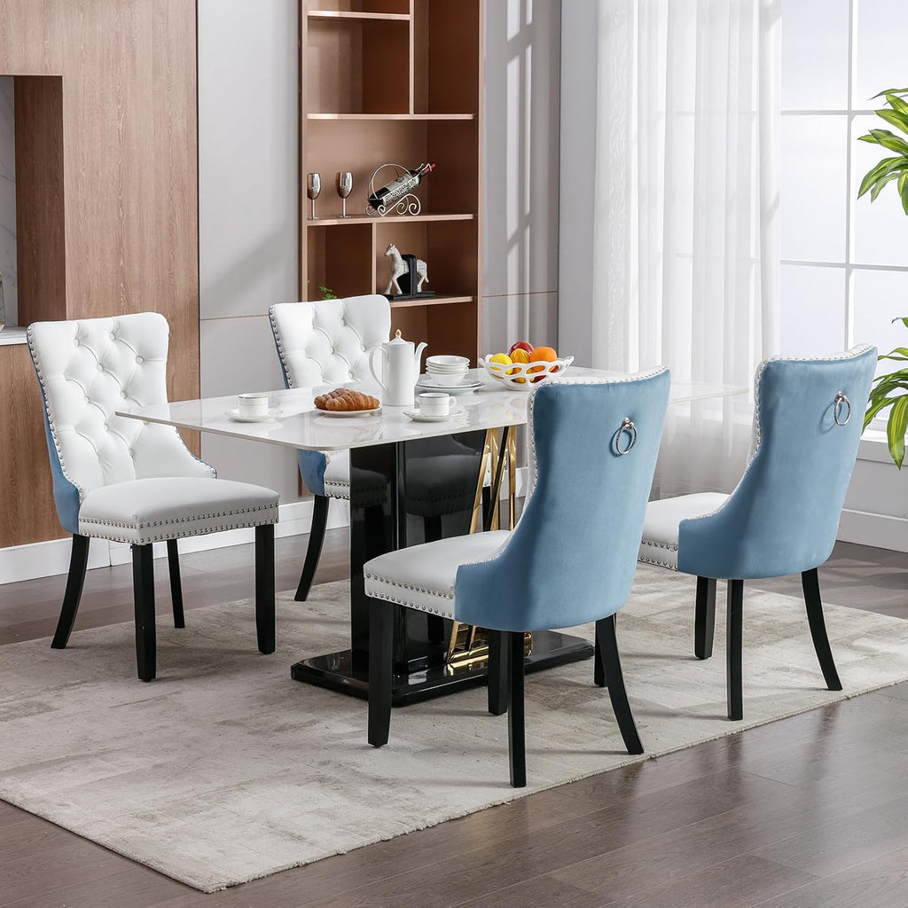 OVENTA Modern Tufted Upholstered Dining Chairs Set of 4, White Blue Velvet and Leather Dining Chair with Solid Wood Legs, Sillas de Comedor, Kitchen Chairs (White Blue, Velvet and Leather Set of 4)