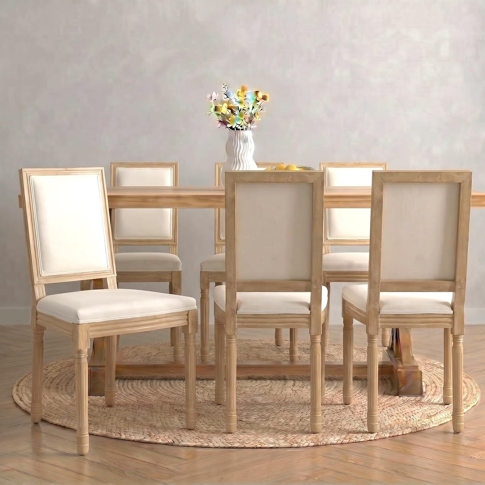 Vintage French Country Dining Chairs Set of 6, Linen Fabric Dining Chair with...