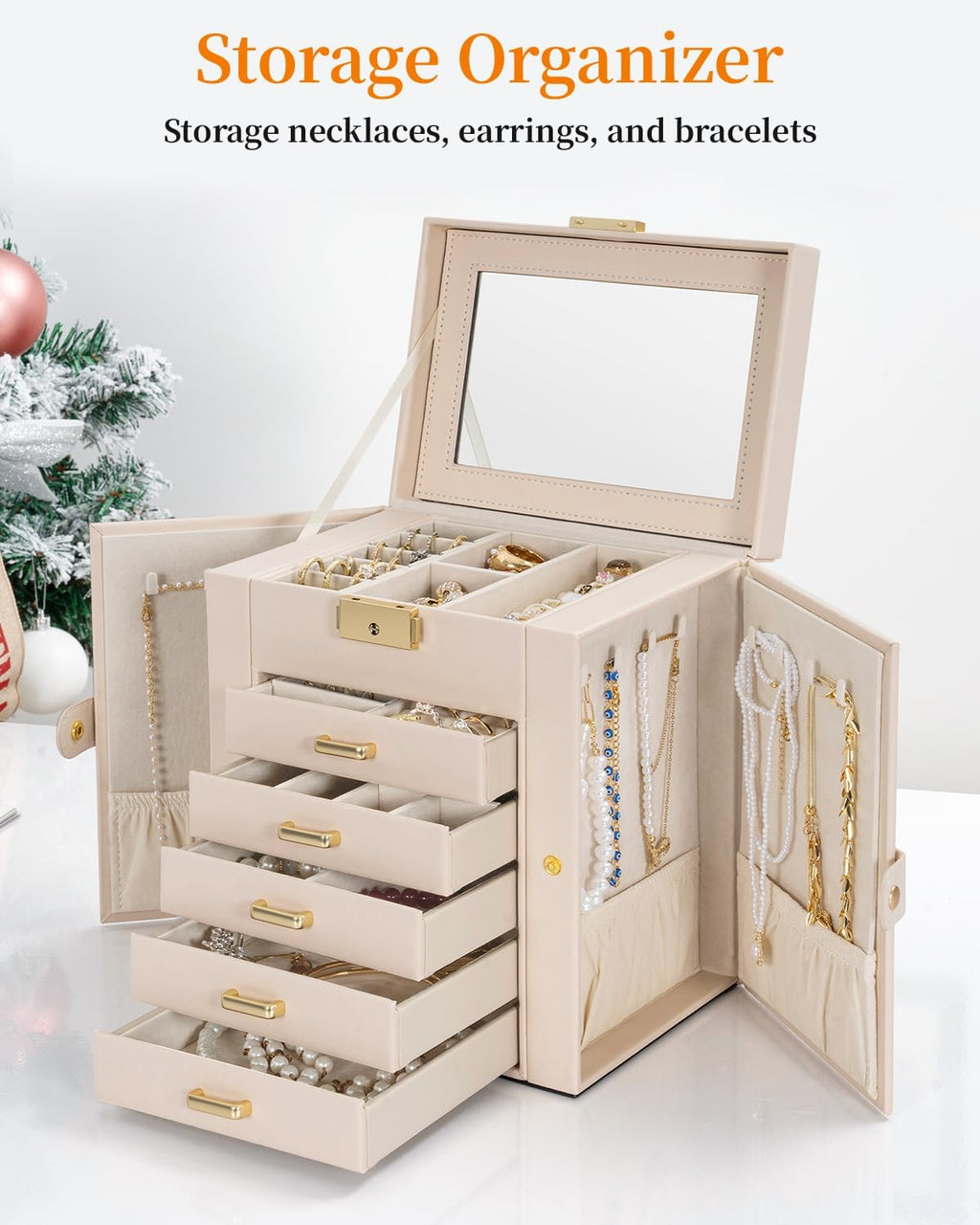 TORIBIO Large Jewelry Box for Women, Leather Jewelry Organizer with Mirror & Lock, 6-Tier Jewelry Storage Case for Girls/Women/Mothers, Necklace Earring Bracelets Holder Organizer