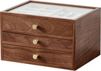 Black Walnut Wooden Jewelry Box Women large 3 Layer Drawer Organizer Box with Glass Lid for Necklaces, Watch, Necklace, Ring, Earring Storage - Christmas Gifts