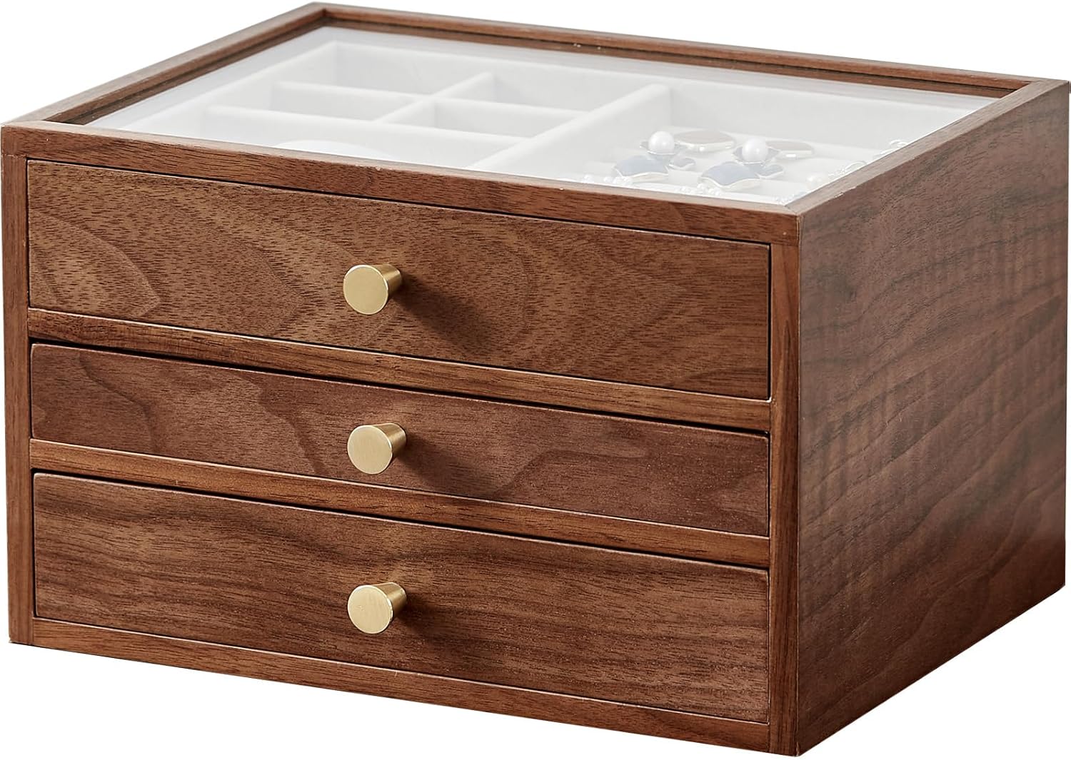 Black Walnut Wooden Jewelry Box Women large 3 Layer Drawer Organizer Box with Glass Lid for Necklaces, Watch, Necklace, Ring, Earring Storage - Christmas Gifts