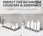 Toilet Tank Tray Organizer – Oak Wood Bathroom Counter Basket with Metal Frame, Back of Toilet or Tank Top Paper Holder Storage – Black & White Modern Decor