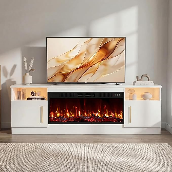 Lemberi Fireplace TV Stand with 36" Electric Fireplace, Fits TVs Up to 80", 70" LED Lit Entertainment Center, Modern High Gloss Wood with Spacious Storage Cabinet for Living Room, White