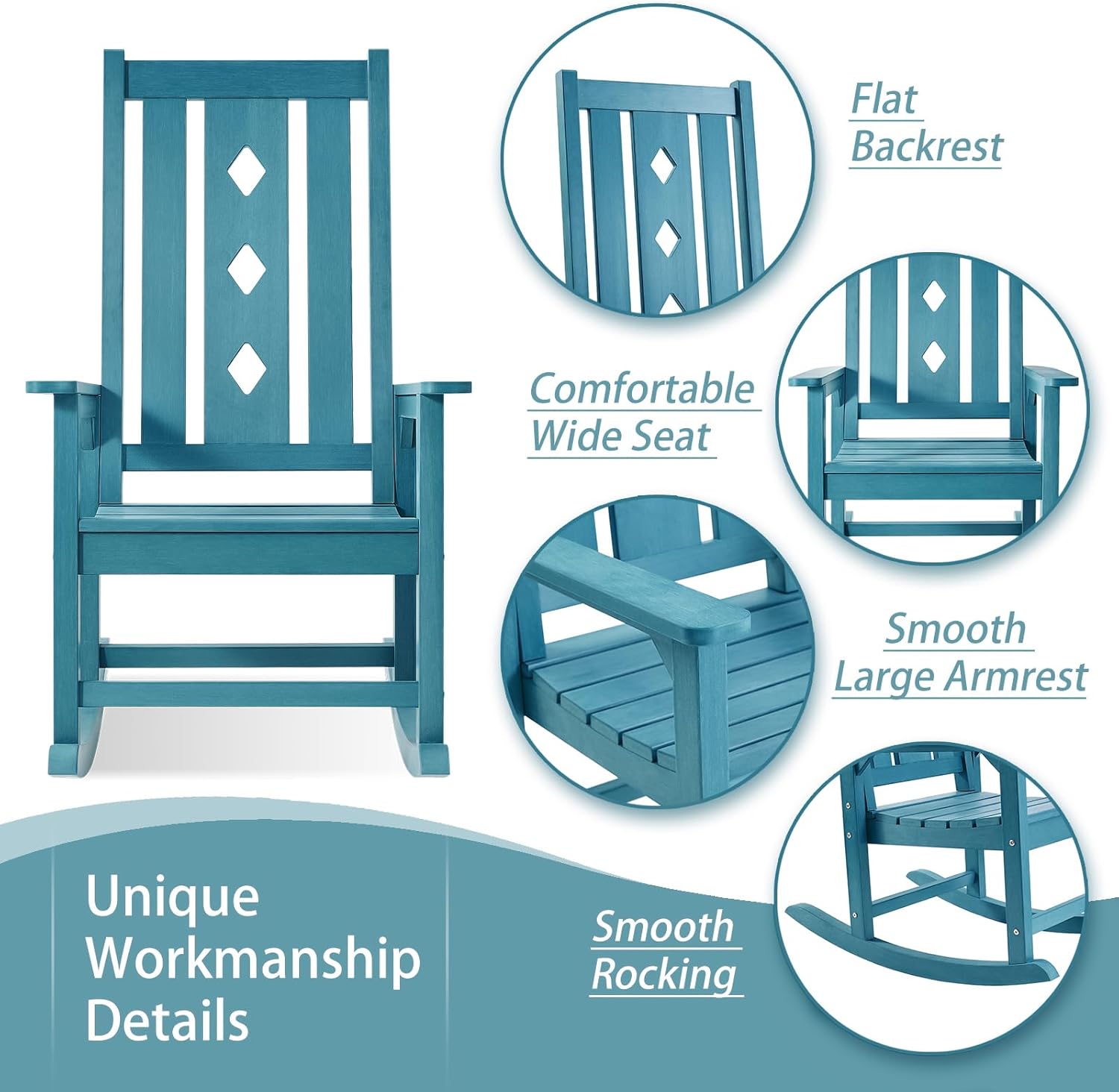 Oversized Outdoor Rocking Chair, Porch Rocker with High Back - Blue | All Weather Resistant rocking chair for Lawn Garden, HDPE Patio Rocker with 350lbs Weight Capacity