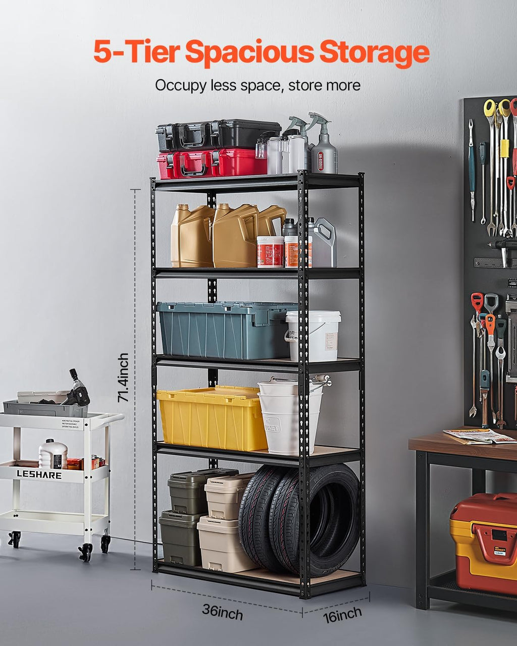 VEVOR Storage Shelves, 2000 lbs, 5 Tier Garage Storage Shelving, 16" D x 36" W x 71.4" H Adjustable Metal Shelves for Garage Shelves Utility Rack Shelf, Ideal for Kitchen, Warehouse, Basement, Black