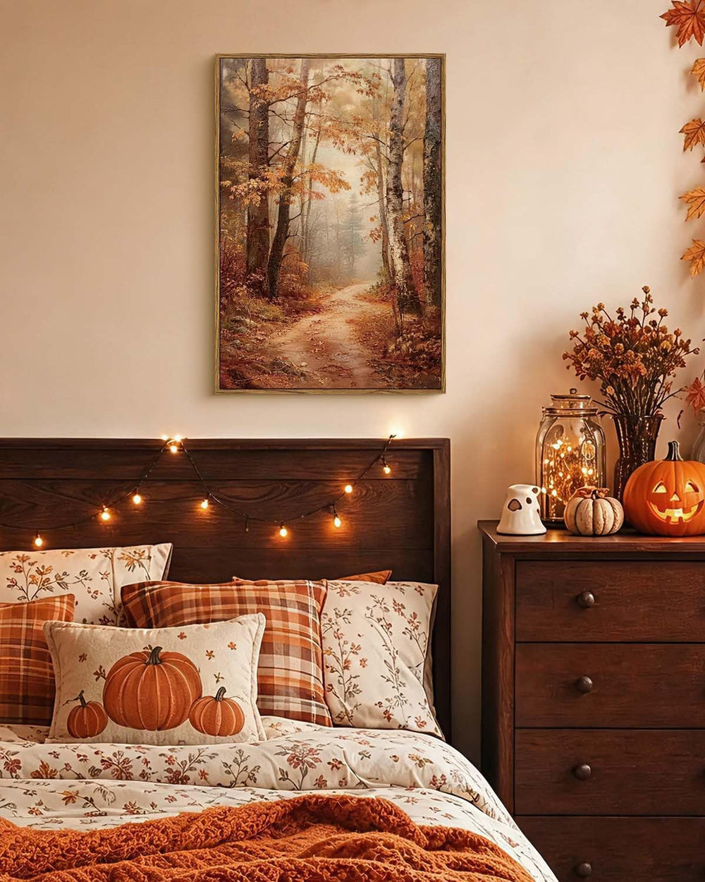 Autumn Forest Framed Canvas Wall Art 16x24 Trees Leaves Trail Artwork, Woodla...