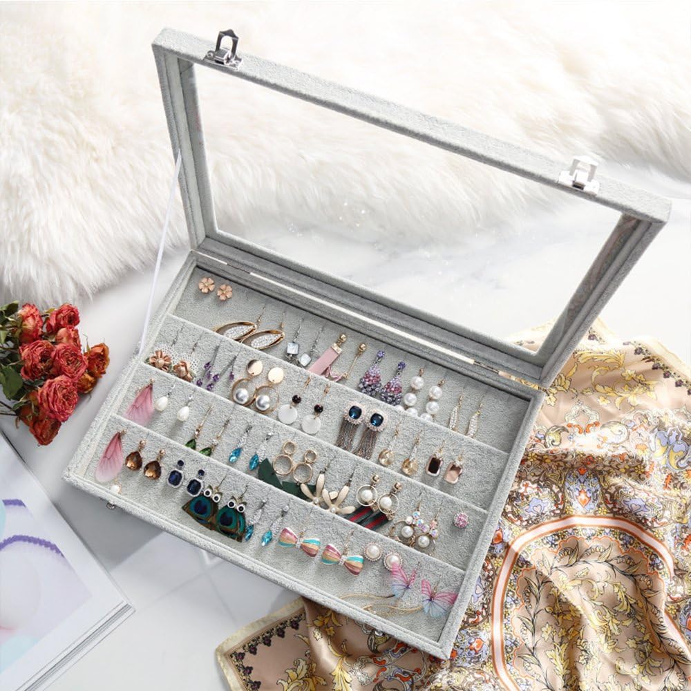 Wudygirl Velvet Jewelry Organizer Clear Lid Earring Holder Organizer 32 Pairs Earrings Storage Stud Tray Showcase Display Case（Earring Storage）