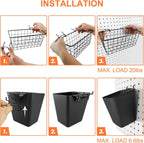 Pegboard Basket Organizers, Peg Board Large Baskets Hooks Bins Cups Tool Organizer 6 Pack Set, Wall Storage Display Hanging Accessories for Craft Office Stadio Shed Garage Organization (Black & Black)
