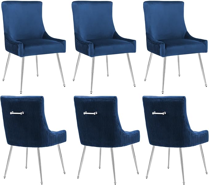 Velvet Dining Chairs Set of 6 with Silver Metal Legs, Modern Upholstered Kitchen Chair with Pull Handle & Pleated Back, Mid Century Accent Chair for Vanity,Dining,Kitchen,Living Room, Dark Blue