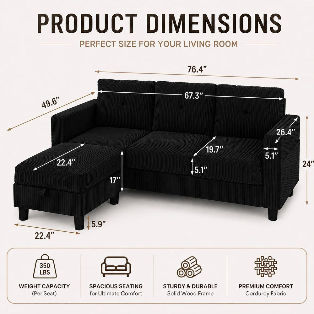 JAMFLY 77" L-Shaped Corduroy Sectional Sofa with Storage Ottoman, Black ...