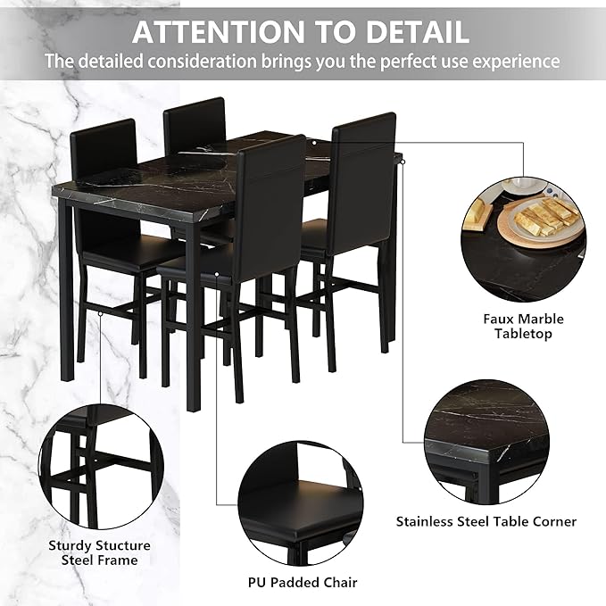 Hooseng Dining Table Set for 4, Modern Faux Marble Kitchen Table with 4 PU Leather Chairs, 5 Piece Dining Room Sets for Dinette, Breakfast Nook, Black