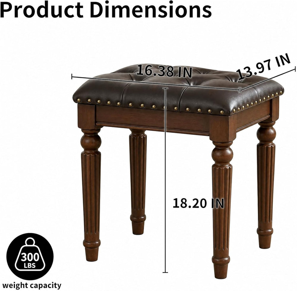 Black Faux Leather Vanity Stool, Backless, Victorian Style | Small Tufted Ben...