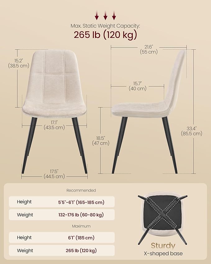 VASAGLE Dining Chairs, Set of 4 Dining Room Chairs, Metal Frame, Adjustable Feet, Easy to Clean, Chenille Fabric, Glacier-Textured Synthetic Leather, for Kitchen, Cream White UKDC188W01