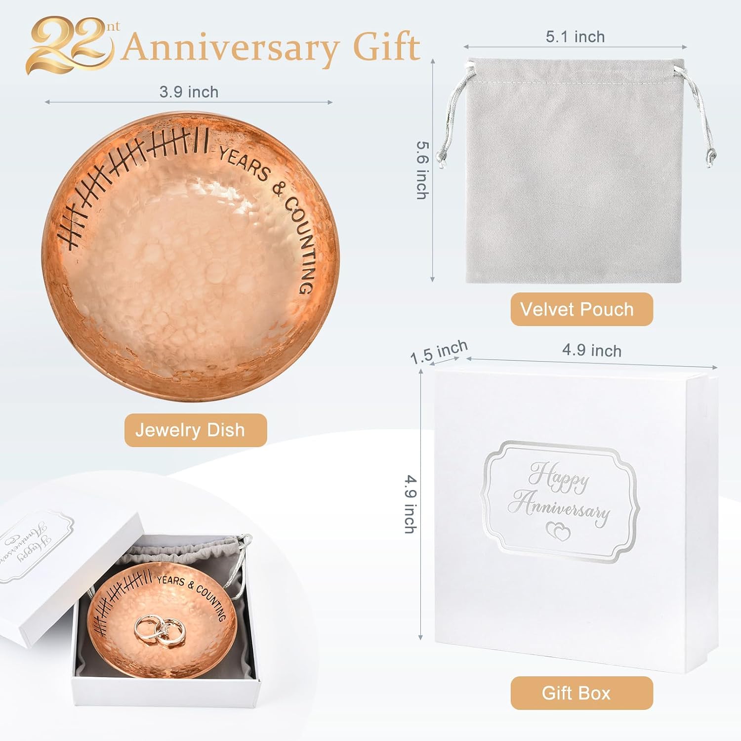 22 Year Wedding Anniversary Copper Gifts 22th Gifts 4" Copper Jewelry Tray Engraved Decorative Dish for Couple Him or Her