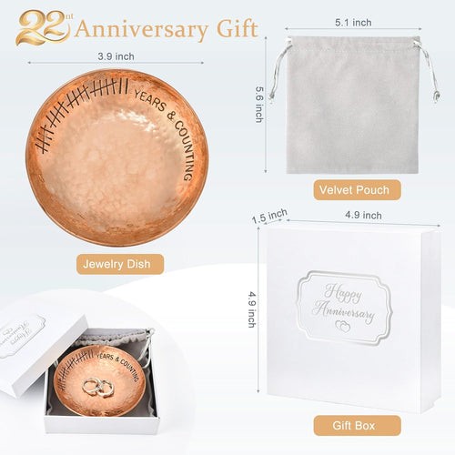 22 Year Wedding Anniversary Copper Gifts 22th Gifts 4" Copper Jewelry Tray Engraved Decorative Dish for Couple Him or Her