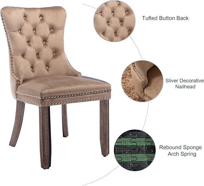 Velvet Dining Chairs Set of 6, Tufted Upholstered Dining Room Chairs with Back Ring Pull, Nailhead Trim and Solid Wood Legs, Modern Dining Chairs for Dining Room, Kitchen(Khaki)