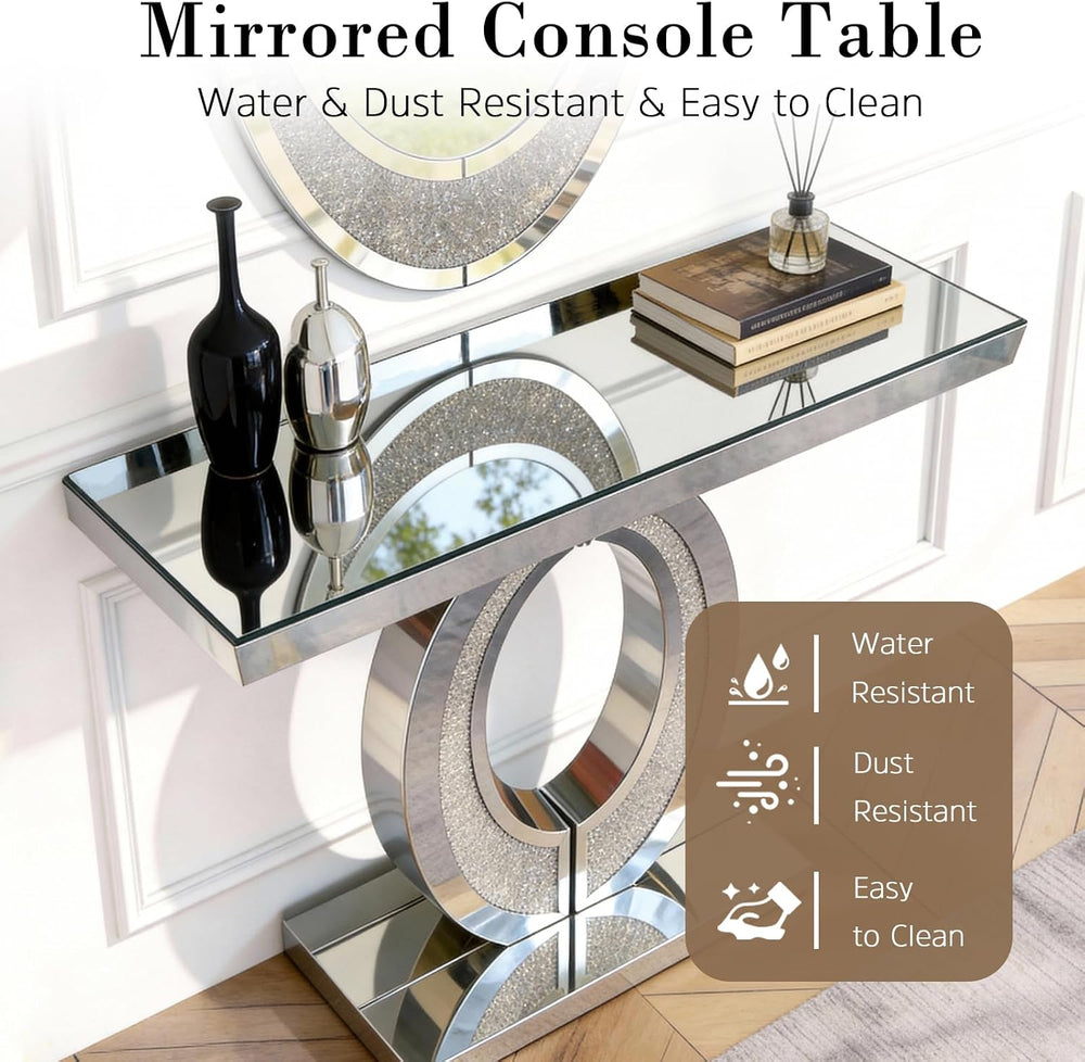 Silver Mirrored Console Table with Crushed Diamond lnlay, 39.5" Modern R...