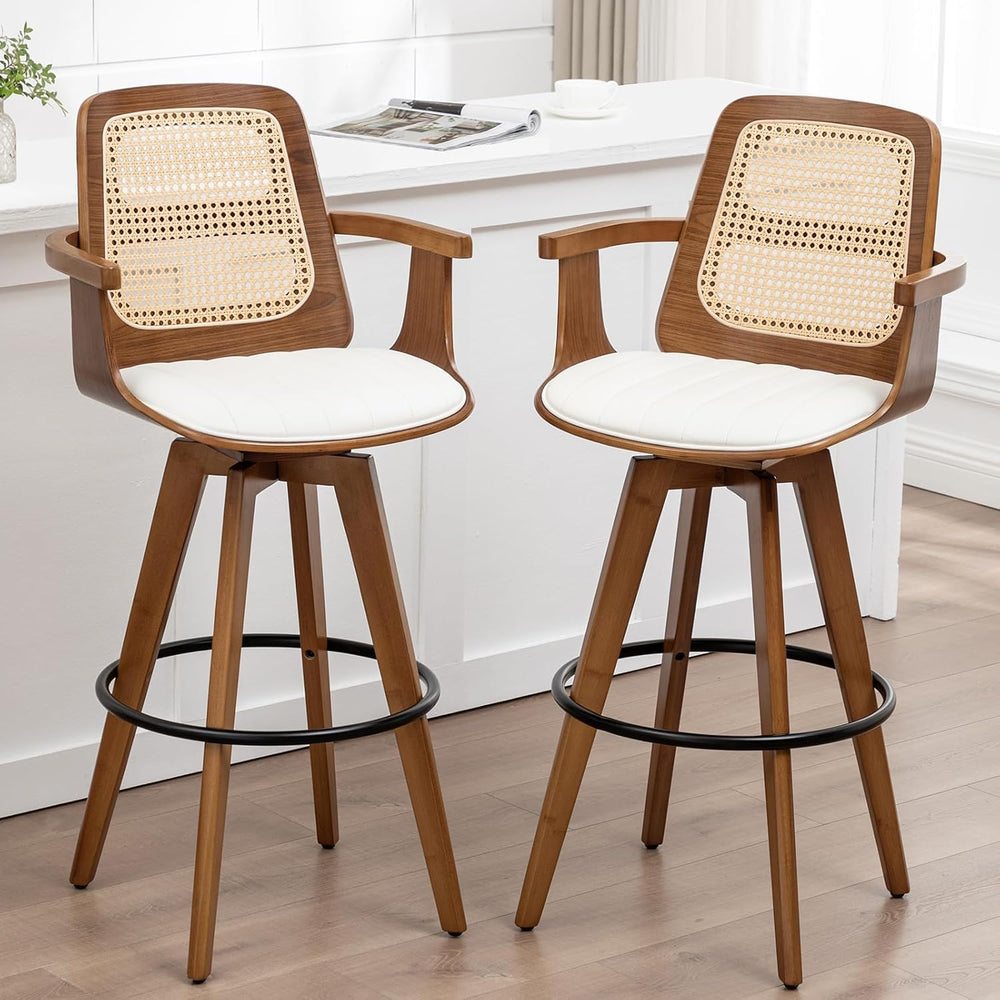 Mid Century Modern Bar Stools, Rattan Swivel Bar Stools with Curved Back