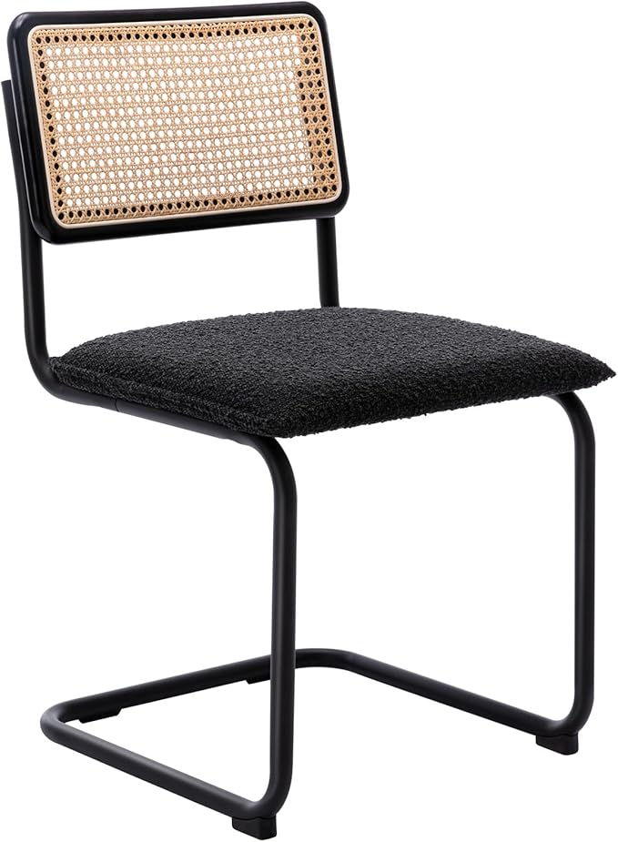 Zesthouse Natural Rattan Dining Chairs Set of 4, Modern Kitchen Chairs with Solid Wood Back for Dining Room Living Room, Mid Century Breuer Design Inspired, Upholstered Boule Fabric, Black
