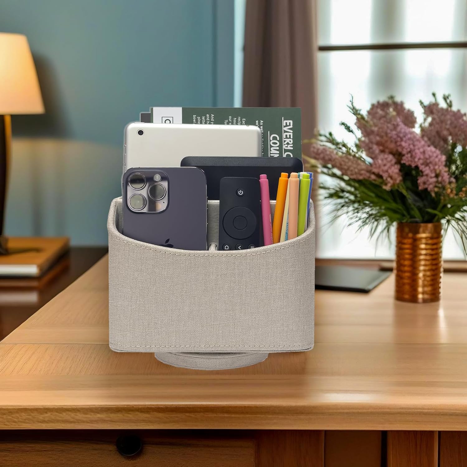 UnionBasic Rotating Desk Organizer, 360 Degree Desk Spinning Caddy, Desktop TV Guide/Mail/Media/Remote Controller Holder Organizer, Linen Texture Leather Beige