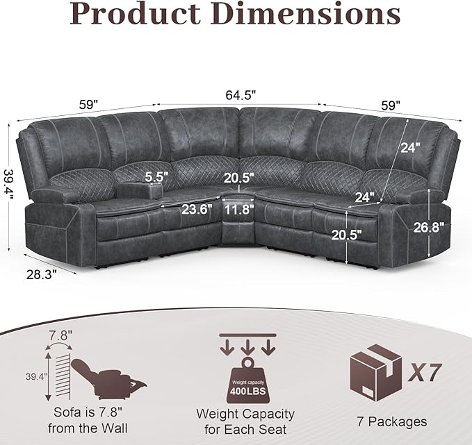 Manual Reclining Sectional Sofa Set, 5 Seats Soft Dutch Velvet Recliner Corner Sectional Couch, Family-Sized L-Shaped Recliner Couch with USB Charging, Thickened Padding, Sturdy Frame, Grey
