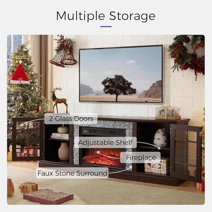 TV Stand with Electric Fireplace & Storage Cabinet, Entertainment Center with 2 Glass Door, Faux Stone Media Console Table for Living Room (Cherry,70" with Fireplace)