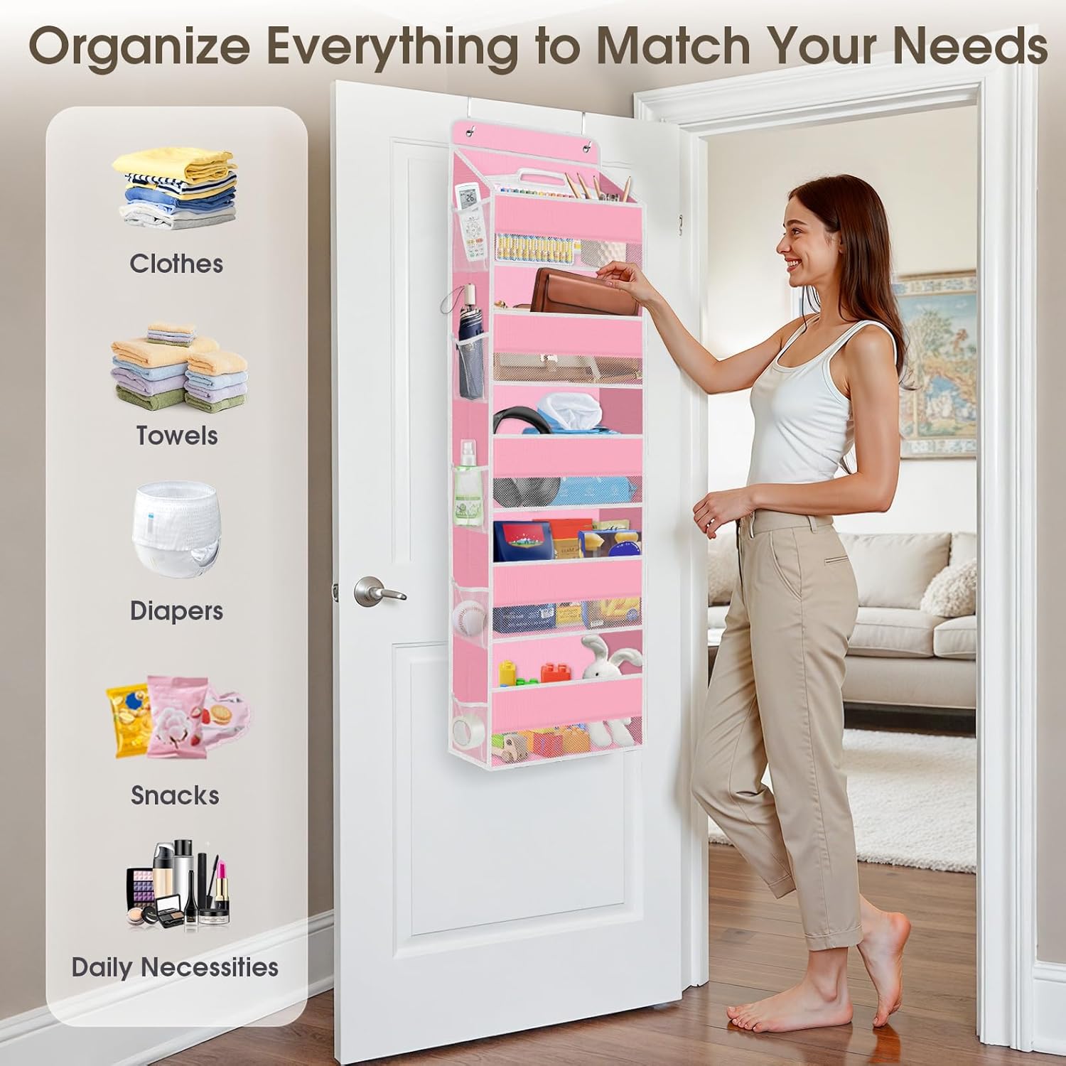 5-Tier Over The Door Organizer Hanging Storage Organizers with Clear Window 40lb Large Capacity Room Organizer for Pantry Bathroom Nursery Closet(Pink)