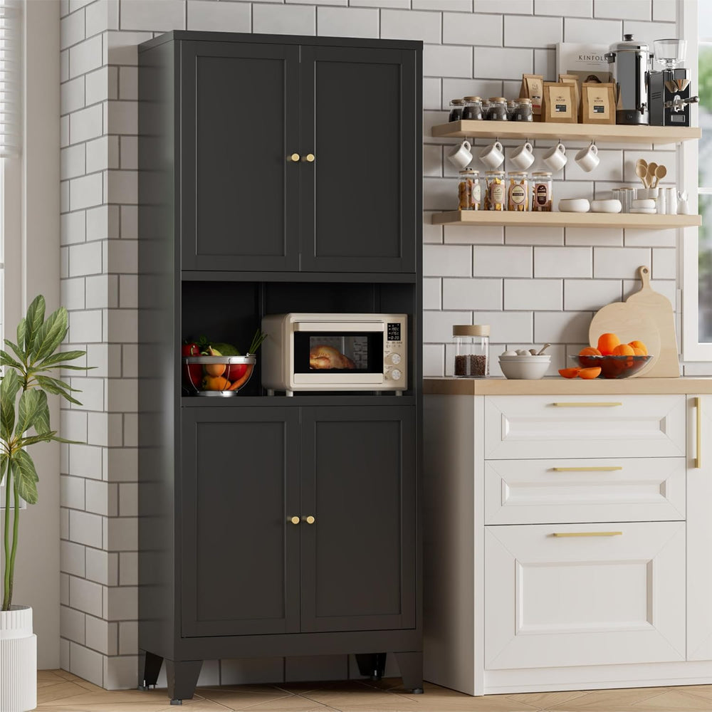 Bevivog Tall Pantry Cabinet with Microwave Shelf, 69" Metal Storage Cabi...