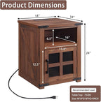 Farmhouse Nightstand with Charging Station, Rustic End Table with Tempered Glass Barn Door, Wood Sofa Side Bedside Table with Open Storage Shelf for Living Room, Bedroom, Brown