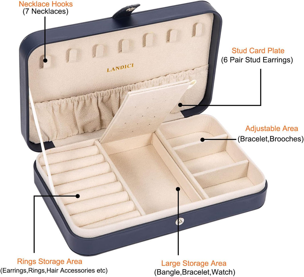 LANDICI Small Jewelry Box for Women Girls, PU Leather Travel Jewelry Case, Portable Jewelry Organizer Storage Holder Display for Ring Earrings Necklace Brooch Men Kids Gift, Dark Blue