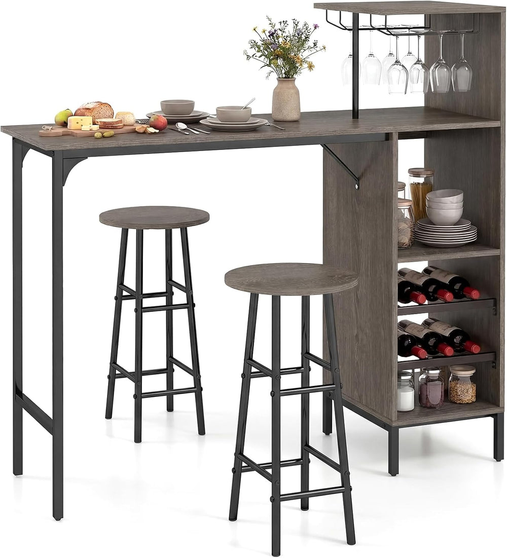 COSTWAY 3 Pieces Bar Table and Chair Set, Industrial Pub Table & Stools
