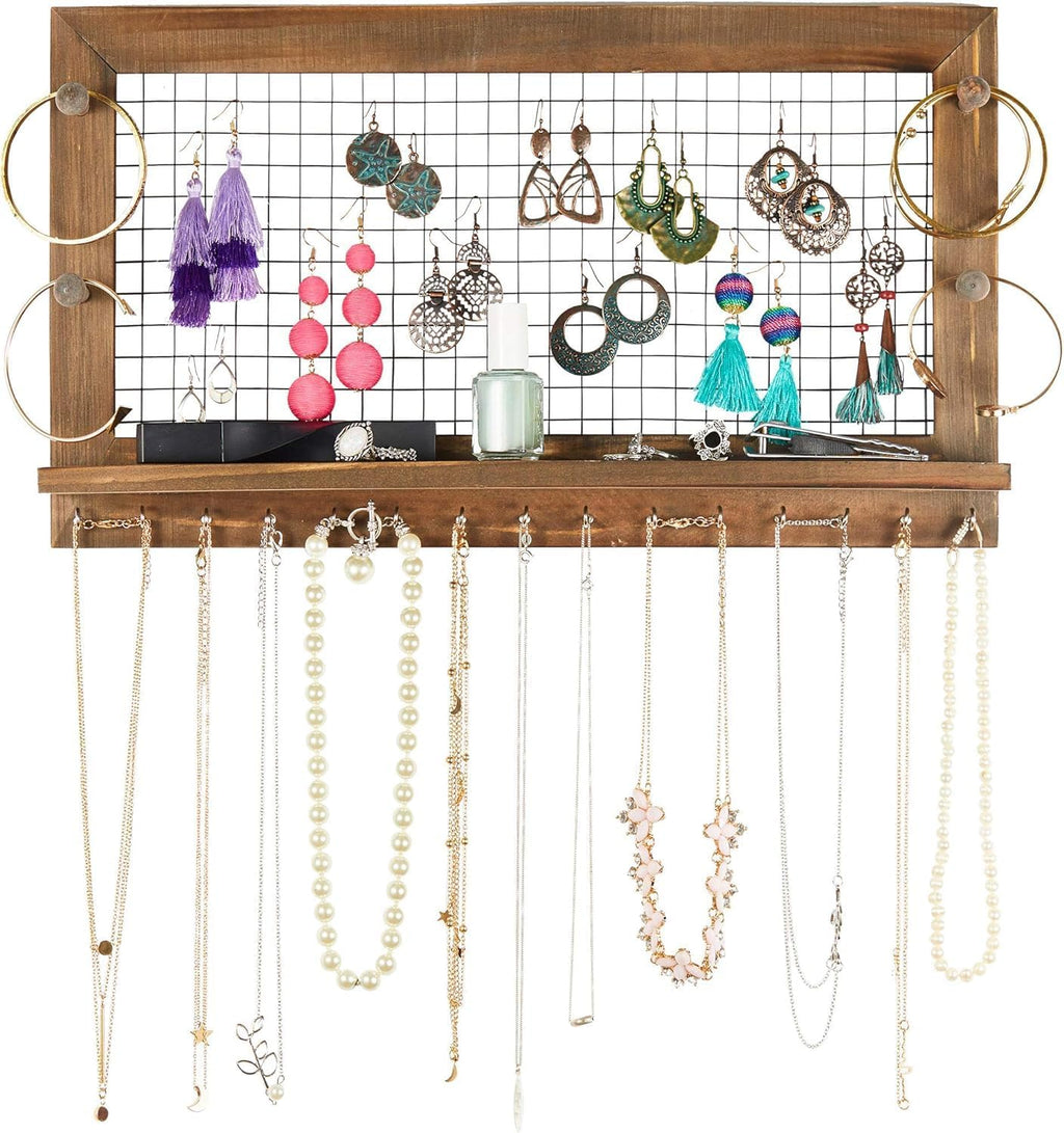 Rustic Jewelry Organizer Wall Mount with Bracelet Pegs-Necklace Holder Earring Hanger-Hanging Mounted Wooden Shelf to Display Earrings Necklaces and Accessories