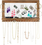 Rustic Jewelry Organizer Wall Mount with Bracelet Pegs-Necklace Holder Earring Hanger-Hanging Mounted Wooden Shelf to Display Earrings Necklaces and Accessories