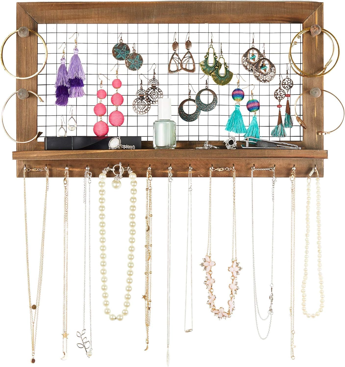 Rustic Jewelry Organizer Wall Mount with Bracelet Pegs-Necklace Holder Earring Hanger-Hanging Mounted Wooden Shelf to Display Earrings Necklaces and Accessories