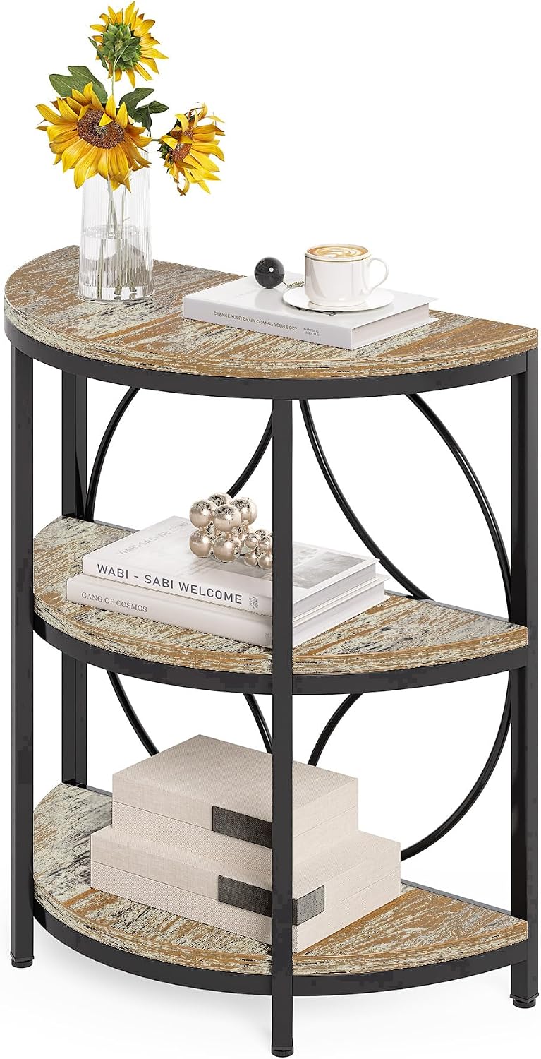 LITTLE TREE Half Round End Table, 3-Tier Narrow Side Table (Oak Color) | Half Circle Table with Metal Frame, Half Moon Small Coffee Accent Table Bedside Table for Living Room, Bedroom