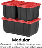 IRIS USA 12 Gallon Heavy Duty Truck Bed Toolbox Storage Tote Bins with Lids, 4 Pack - Made in USA, Tough Snap On Lockable Lid Stackable Industrial Rugged Tubs, Garage Organization Box - Red