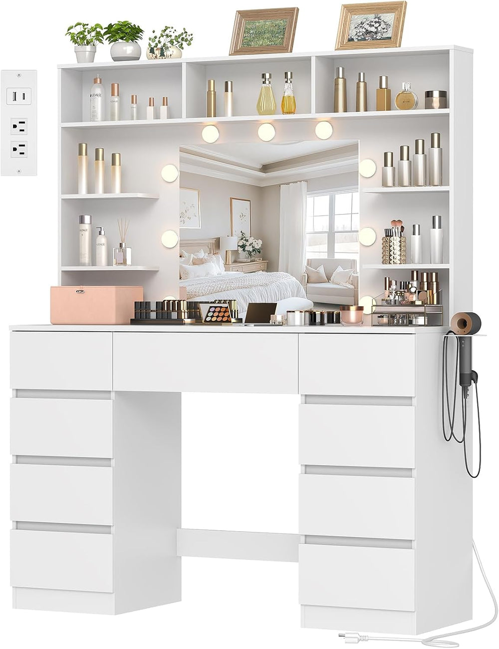 Vanity Desk with Mirror and Lights,43" Makeup Vanity Table with 9 Drawer...