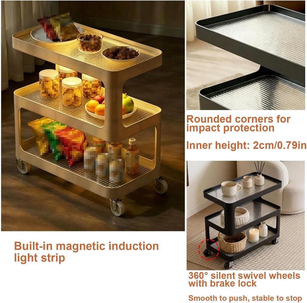 Luxury 3-Tier Slim Storage Cart, Rolling Side Table with Tempered Glass &...