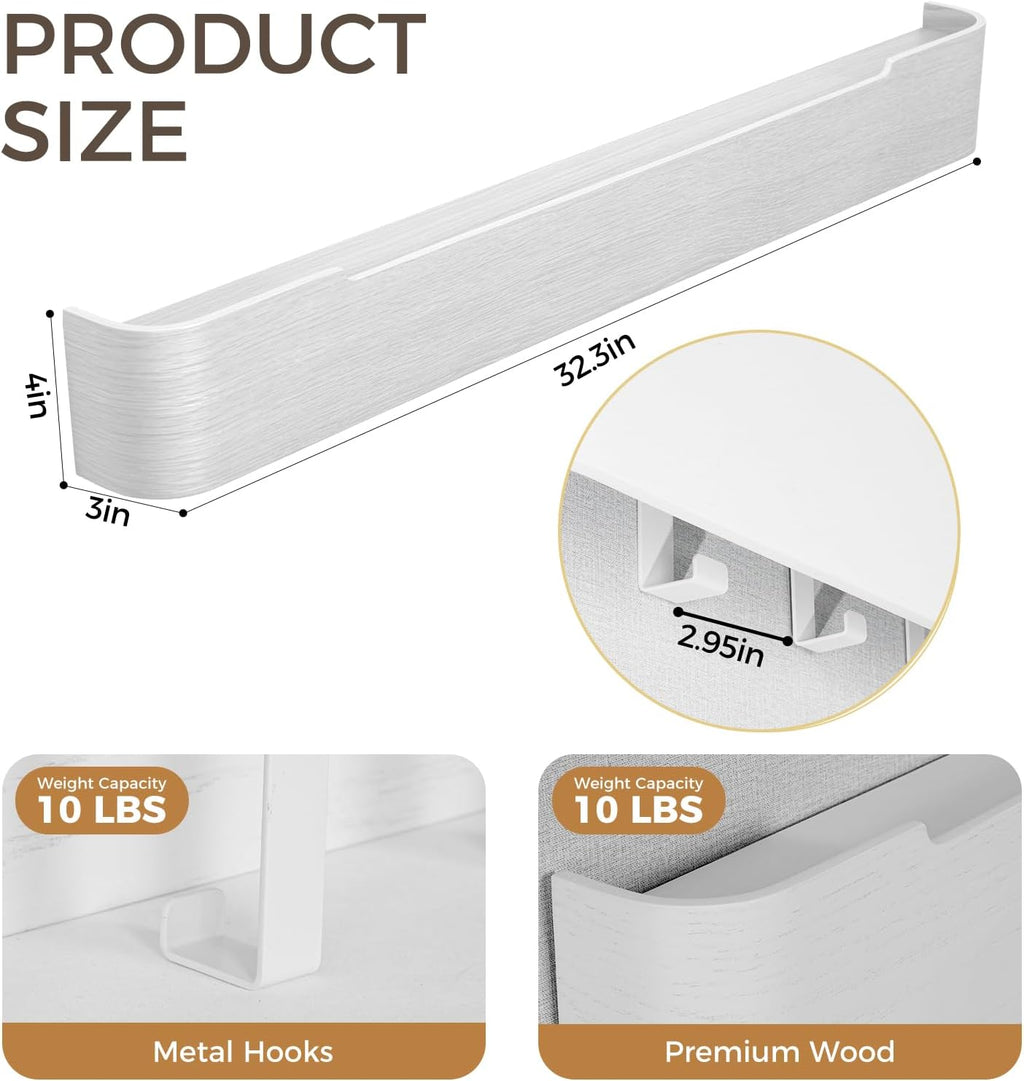 Wall Coat Rack Floating Shelves Modern Coat Rack Wall Mount with Storage Entryway Shelf Wooden Hanger 20 Inch 4 Hidden Metal Hooks for Living Room Bedroom (White, 8 Hooks)
