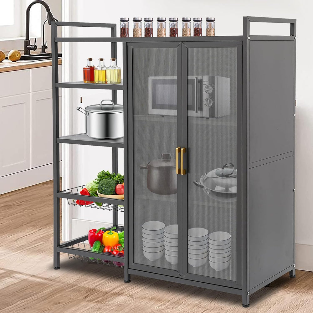 Kitchen Pantry Cabinet with Clear Doors, Metal Sideboard with Open Storage Sh...