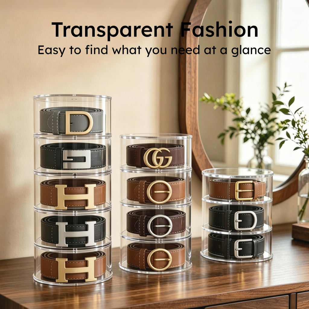 FEMELI Belt Organizer, Acrylic Belt Storage Holder for Closet & Drawer, 5-Layer Stackable Display Case for Belts, Watches, Jewelry and Ties