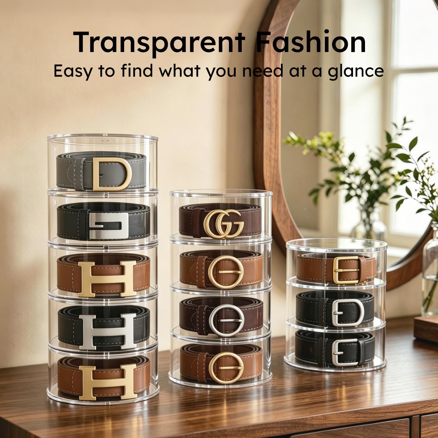 FEMELI Belt Organizer, Acrylic Belt Storage Holder for Closet & Drawer, 5-Layer Stackable Display Case for Belts, Watches, Jewelry and Ties