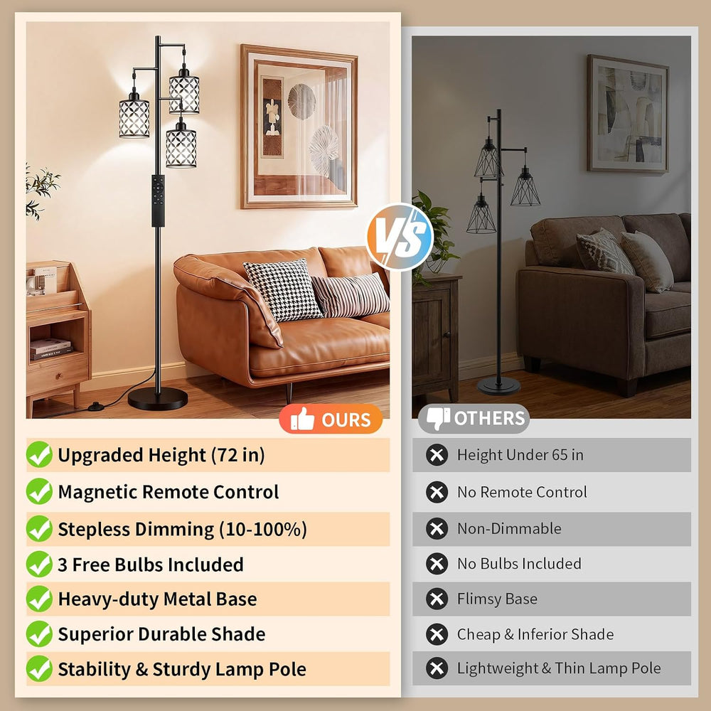 72" Dimmable Floor Lamp with Remote & Timer, Industrial Farmhouse Ru...