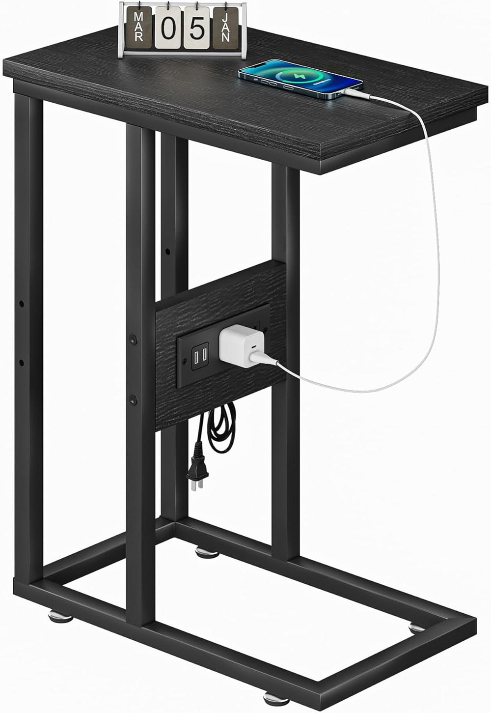 VECELO C Shaped End Table with Charging Station & Power Outlets, Quick Ac...