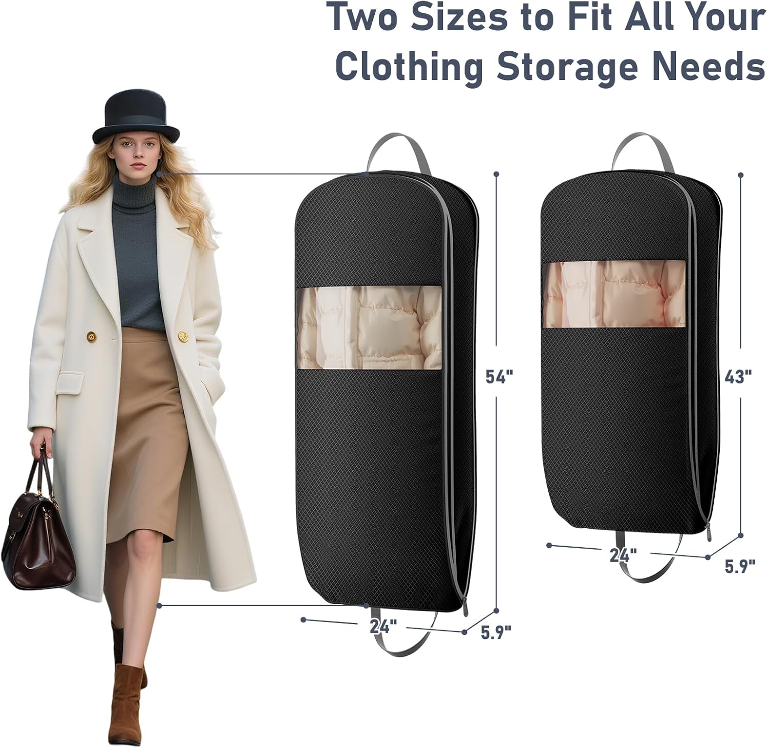 DIMJ 2 Pack 43" Space Saving Garment Bags for Hanging Clothes With Compression Zipper Carry Handles and Window, Washable Suit Bag for Dress, Clothes, Coats, Down Jacket, Closet, Moving, Travel